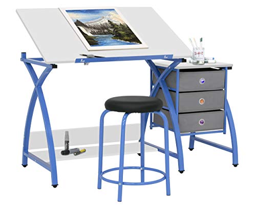 SD STUDIO DESIGNS 2 Piece Comet Center Plus, Craft Table and Matching Stool Set with Storage and Adjustable Top, 50"W x 23.75"D x 29.5"H, Blue/White
