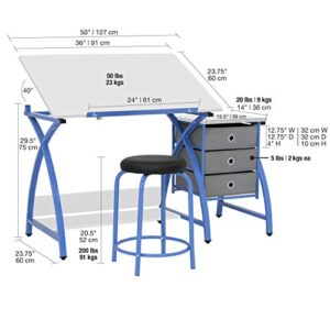 SD STUDIO DESIGNS 2 Piece Comet Center Plus, Craft Table and Matching Stool Set with Storage and Adjustable Top, 50"W x 23.75"D x 29.5"H, Blue/White