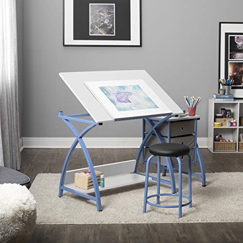 SD STUDIO DESIGNS 2 Piece Comet Center Plus, Craft Table and Matching Stool Set with Storage and Adjustable Top, 50"W x 23.75"D x 29.5"H, Blue/White