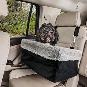 devoted doggy deluxe dog car seat fits pets up to 20lbs, dog booster seat, padded cushioning, adjustable straps, metal frame encasing, installs in seconds, collapsible canvas and easy to clean