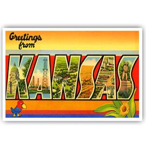 greetings from kansas vintage reprint postcard set of 20 identical postcards. large letter us state name post card pack (ca. 1930's-1940's). made in usa.