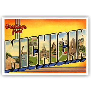 greetings from michigan vintage reprint postcard set of 20 identical postcards. large letter us state name post card pack (ca. 1930's-1940's). made in usa.