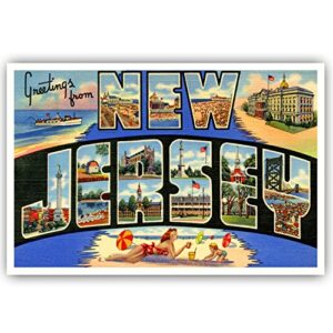greetings from new jersey vintage reprint postcard set of 20 identical postcards. large letter us state name post card pack (ca. 1930's-1940's). made in usa.