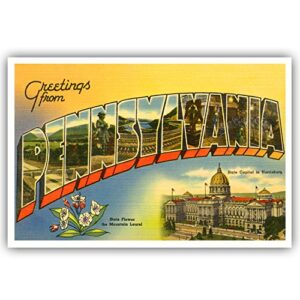 greetings from pennsylvania vintage reprint postcard set of 20 identical postcards. large letter us state name post card pack (ca. 1930's-1940's). made in usa.