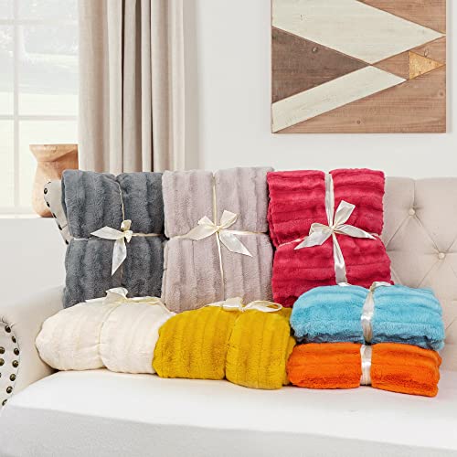 Home Soft Things Derby Double Sided Faux Fur Throw Blanket, Citron, 50'' x 60'', Super Soft Comfy Fluffy Plush Bed Couch Cover for All Year Round Accent Home Decoration