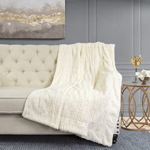 home soft things ivory saga double sided faux fur throw, 50" x 60", comforable soft cozy throw blanket for chair bedroom living room sofa couch bed outdoor travel
