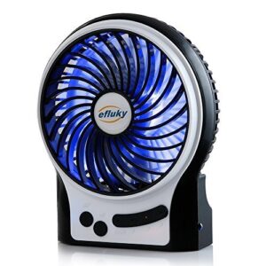 efluky 3 speeds mini desk fan, rechargeable battery operated fan with led light, portable usb fan quiet for home, office, travel, camping, outdoor, indoor fan, 4.9-inch, black