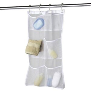 mayin quick dry hanging caddy and bath organizer with 6-pocket, hang on shower curtain, shower organizer, mesh shower caddy, bathroom accessories, save space in small bathroom tub with 4 rings