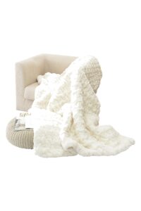 happycare textiles hct bkt-002 luxury quilted faux fur throw blanket, 50" by 60", ivory/white