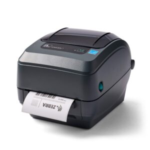 zebra gx430t thermal transfer desktop printer print width of 4 in usb serial parallel and ethernet connectivity includes peeler - gx43-102411-000