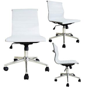 2xhome white modern contemporary executive office chair mid back pu leather arm rest tilt adjustable height with wheels without no arms lumbar support task work hotel chrome manager armless desk guest