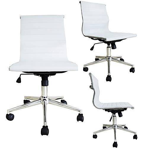 2xhome White Modern Contemporary Executive Office Chair Mid back PU Leather Arm Rest Tilt Adjustable Height With Wheels Without No Arms Lumbar Support Task Work Hotel Chrome Manager Armless Desk Guest