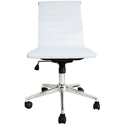 2xhome White Modern Contemporary Executive Office Chair Mid back PU Leather Arm Rest Tilt Adjustable Height With Wheels Without No Arms Lumbar Support Task Work Hotel Chrome Manager Armless Desk Guest