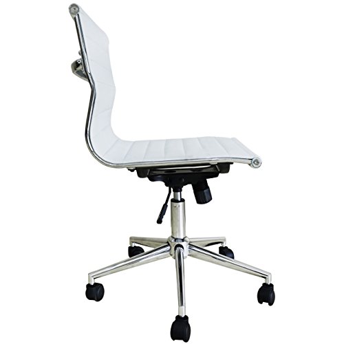 2xhome White Modern Contemporary Executive Office Chair Mid back PU Leather Arm Rest Tilt Adjustable Height With Wheels Without No Arms Lumbar Support Task Work Hotel Chrome Manager Armless Desk Guest