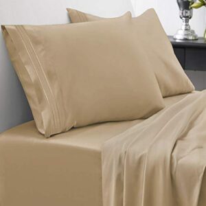 queen size bed sheets - breathable luxury sheets with full elastic & secure corner straps built in - 1800 supreme collection extra soft deep pocket bedding set, sheet set, queen, camel