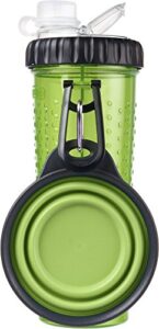 dexas popware for pets snack duo dual chambered hydration bottle and snack container with collapsible pet cup, green