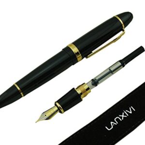 Jinhao 159 Fountain Pen Medium Black Lacquer Gold Trim Big Heavy with Pen Pouch & Refill Ink Converter Business Signature Collection Pen