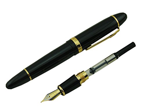 Jinhao 159 Fountain Pen Medium Black Lacquer Gold Trim Big Heavy with Pen Pouch & Refill Ink Converter Business Signature Collection Pen