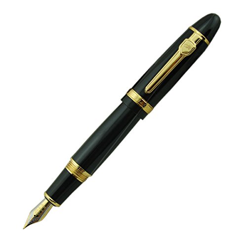 Jinhao 159 Fountain Pen Medium Black Lacquer Gold Trim Big Heavy with Pen Pouch & Refill Ink Converter Business Signature Collection Pen