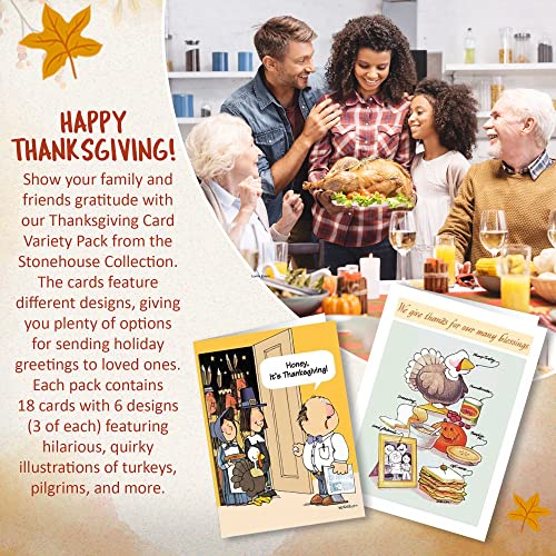 Stonehouse Collection Thanksgiving Cards (Variety Pack) - Set of 18 Boxed Cards & 19 White Envelopes, 5x7 Folded Greeting Card with 6 Unique Designs, Funny Thanksgiving Cards for Family and Friends