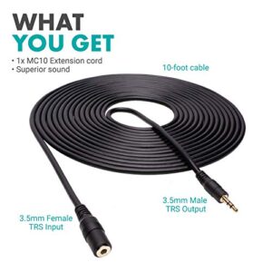 Movo MC10 3.5mm Audio Cable - 3.5mm TRS Female to Male 10ft Extension Cord for Microphones, Headphones, and More