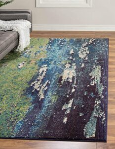 unique loom estrella collection distressed, landscape, abstract, modern, earth tones area rug (3' 3 x 5' 3 rectangular, navy blue/green)