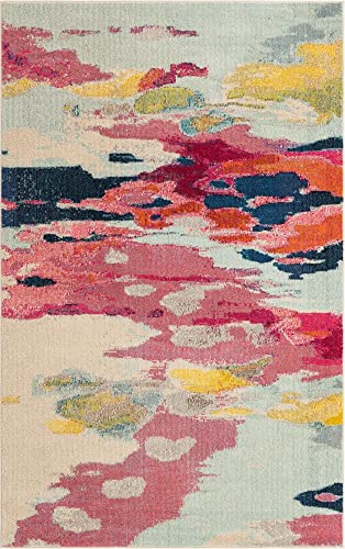 Unique Loom Estrella Collection Light Colors, Abstract, Modern, Vibrant Area Rug, 5 ft x 8 ft, Pink/Ivory