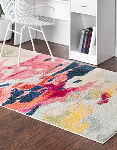 Unique Loom Estrella Collection Light Colors, Abstract, Modern, Vibrant Area Rug, 5 ft x 8 ft, Pink/Ivory