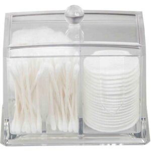 home basics cotton ball and cotton swab holder with cosmetic pad organizer, one piece lid, q-tip stand, clear
