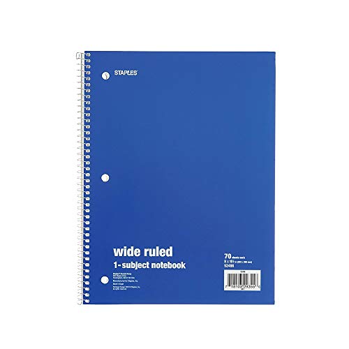 Staples Spiral Notebook 1-subject, 70-count, Wide Ruled, Assorted Colors, 6 Pack