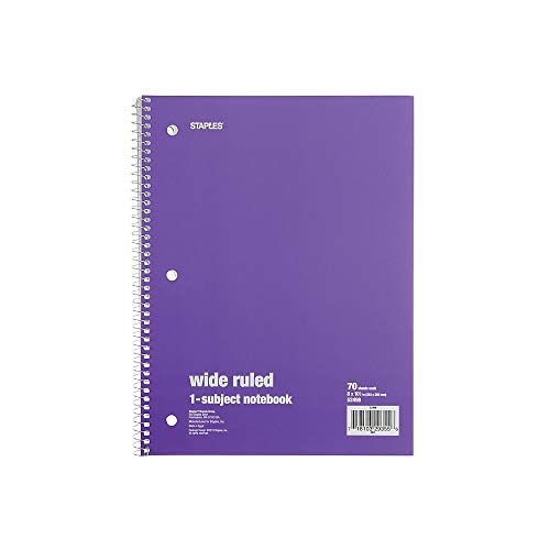 Staples Spiral Notebook 1-subject, 70-count, Wide Ruled, Assorted Colors, 6 Pack
