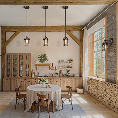 LNC Rustic Pendant Lighting for Kitchen Island, Retro Vintage Pendant Light Fixture with Metal Cage Shade, Mini Hanging Pendant Lights Adjustable for Kitchen Sink, Dining Room, Bedroom, Foyer, 3.9”D