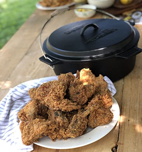 Bayou Classic 10-qt Pre-Seasoned Cast Iron Chicken Fryer Features Cast Iron Domed Lid Cool Touch Coil Handle Perfect for Frying Chicken & Fish Slow Simmering Batches of Chili Stew and Jambalaya