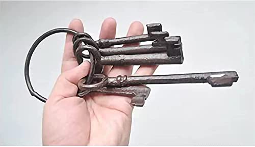 Salomé Idea 8" Vintage Cast Iron Skeleton Key Ring Antique Style Pirate Treasure Chest Keys Set for Farmhouse Decor, Halloween Home Decoration Prop(5 Keys-Brown)