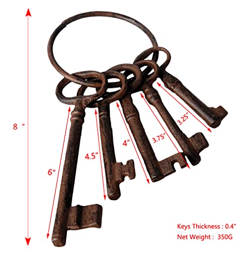 Salomé Idea 8" Vintage Cast Iron Skeleton Key Ring Antique Style Pirate Treasure Chest Keys Set for Farmhouse Decor, Halloween Home Decoration Prop(5 Keys-Brown)