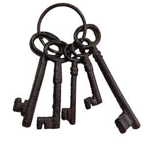 salomé idea 8" vintage cast iron skeleton key ring antique style pirate treasure chest keys set for farmhouse decor, halloween home decoration prop(5 keys-brown)