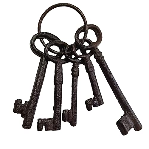 Salomé Idea 8" Vintage Cast Iron Skeleton Key Ring Antique Style Pirate Treasure Chest Keys Set for Farmhouse Decor, Halloween Home Decoration Prop(5 Keys-Brown)