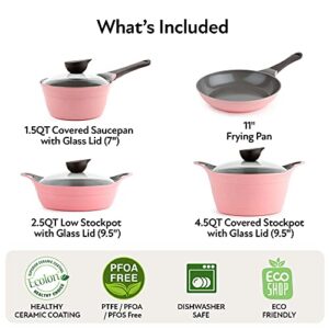 Neoflam Eela 7pc Ceramic Coated Nonstick Cookware Pots&Pan Set with Saucepan, Frying Pan, Casserole Stockpot, Glass Lids, Silicone Hot Handle Holder Included, 7-Piece,Pink