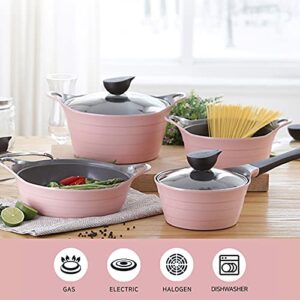 Neoflam Eela 7pc Ceramic Coated Nonstick Cookware Pots&Pan Set with Saucepan, Frying Pan, Casserole Stockpot, Glass Lids, Silicone Hot Handle Holder Included, 7-Piece,Pink