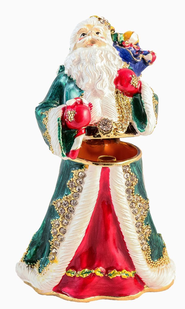 Santa Claus Trinket Box, Hand Set Swarovski Crystal, Hand Painted Red & Green Enamel Over Solid Pewter Base, Inside of Box with Lovely Enamel, Comes in Beautiful Box, L 2.50 x H 4.00 x W 2.25