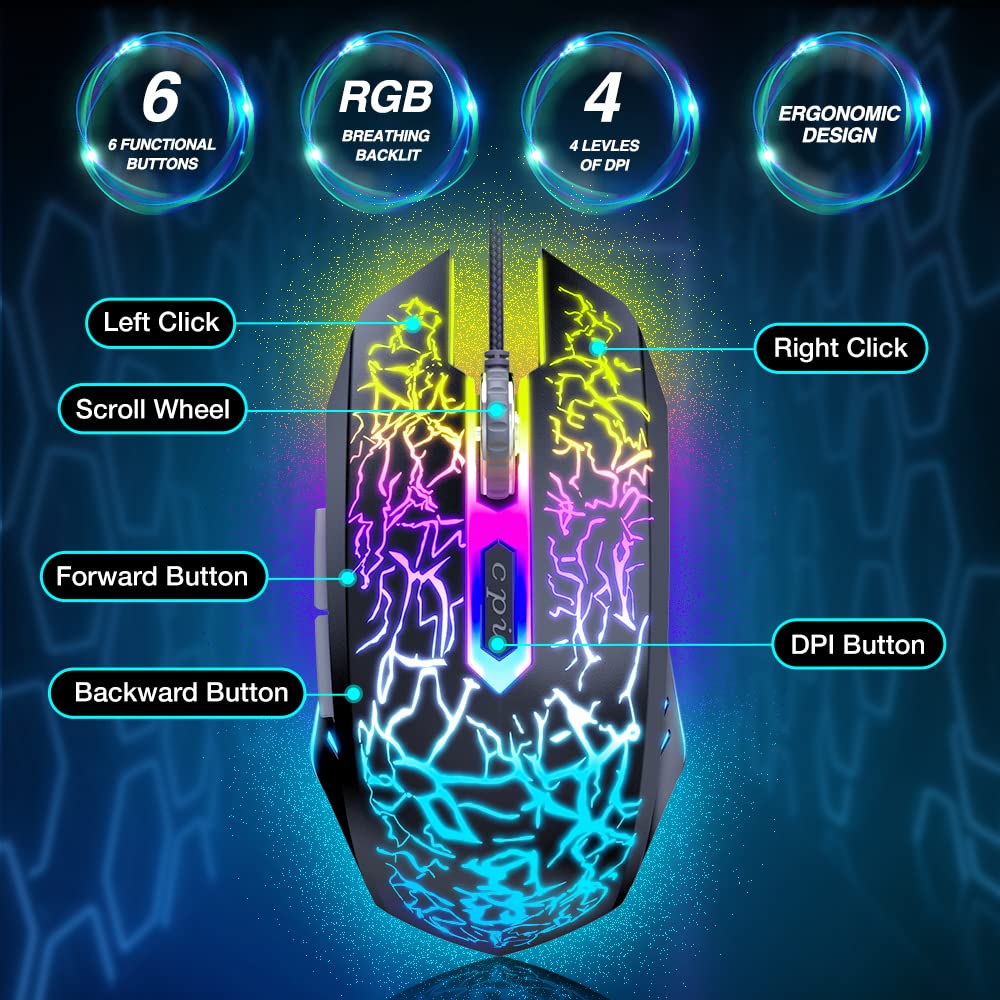 BENGOO Gaming Mouse Wired, USB Optical Computer Mice with RGB Backlit, 4 Adjustable DPI Up to 3600, Ergonomic Gamer Laptop PC Mouse with 6 Programmable Buttons for Windows 7/8/10/XP Vista Linux -Black