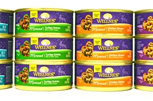 Wellness Minced Grain-Free Wet Cat Food Variety Pack - 4 Flavors (Tuna, Turkey, Chicken, and Turkey & Salmon) - 12 (5.5 Ounce) Cans - 3 of Each Flavor