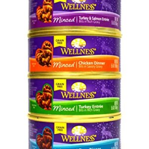 Wellness Minced Grain-Free Wet Cat Food Variety Pack - 4 Flavors (Tuna, Turkey, Chicken, and Turkey & Salmon) - 12 (5.5 Ounce) Cans - 3 of Each Flavor