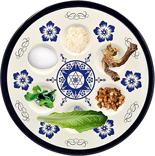 The Dreidel Company Gorgeous Ceramic Passover Seder Plate Renaissance Design Passover Plate, 12" Inch Diameter - Blue Renaissance Design