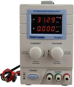 tekpower tp3005t variable linear dc power supply, 0-30v @ 0-5a with alligator test leads (110v input)