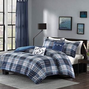 intelligent design camilo cozy comforter casual cabin lodge plaid design, all season, hypoallergenic cover, soft bedding set with matching sham, decorative pillow, blue full/queen