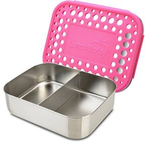 lunchbots medium duo snack container - divided stainless steel food container - two sections for half sandwich and a side - eco-friendly - dishwasher safe - stainless lid - pink dots
