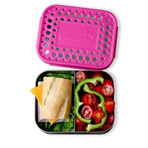 LunchBots Medium Duo Snack Container - Divided Stainless Steel Food Container - Two Sections for Half Sandwich and a Side - Eco-Friendly - Dishwasher Safe - Stainless Lid - Pink Dots