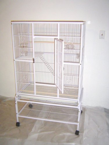 Large Wrought Iron 3 Levels Ferret Chinchilla Sugar Glider Small Animal Cage with 1/2" Wire Cross Shelves & Ladders with Removable Rolling Stand *White Vein*