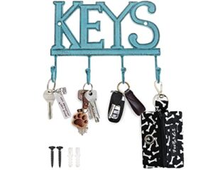 comfify key holder for wall - cast iron decorative farmhouse rustic wall mount key organizer - 4 key hooks -  vintage key rack for entryway with screws and anchors – 6x8” - rustic blue
